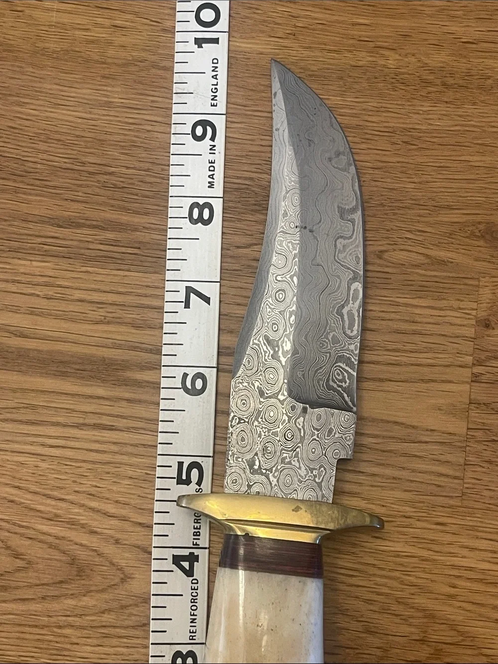 Damascus Blade Fixed Knife with Ivory-Tone and Blue Handle Accents